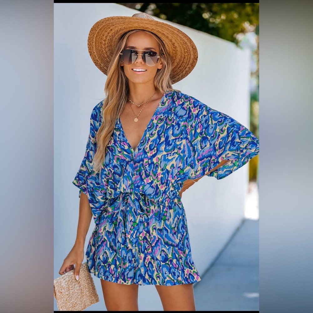 Abstract Print Drawstring Romper Shades of Blue NWT Cupshe Sz Large